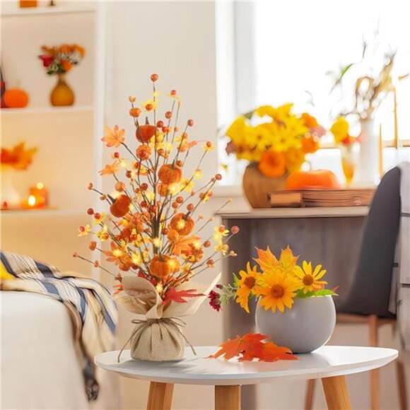 Fall Decor, 18 Inch Artificial Red Berry Maple Leaf Pumpkin Tree Tabletop - Picture 2 of 7